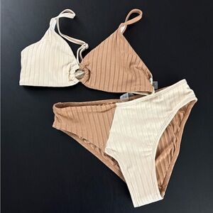 Girls Ribbed Bikini Set in Cream and Tan 10-11Y NWOT